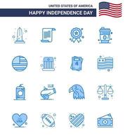 USA Happy Independence DayPictogram Set of 16 Simple Blues of american juice usa drink medal Editable USA Day Vector Design Elements