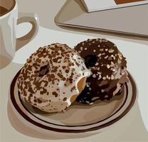 Delicious chocolate donuts on a plate. Vector fashion illustration