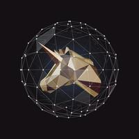 Vector illustration with hand drawn gold unicorn head in sphere with spot and lines 3D rendering Geometric on black vintage background. Polygonal linear shape.