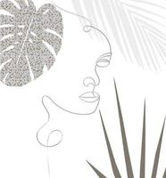 Modern continuous line art of girl with tropical palm leaf. Hand drawn illustration for fashion t-shirt design, printing, posters, invitations, cards, leaflets. Vector