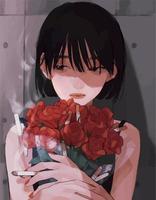 anime girl with a bouquet of roses smokes vector