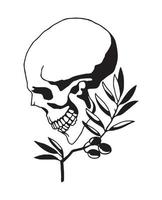 Smiling skull on a background of sprigs of leaves with berries. Vector romantic illustration.