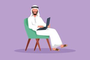 Character flat drawing young Arab male with laptop sitting on chair. Businessman planning project. Freelance, distance learning, online courses and studying concept. Cartoon design vector illustration