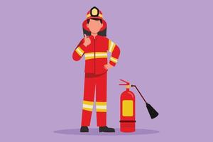 Graphic flat design drawing firefighters stood with fire extinguisher wearing helmets and uniforms complete with a thumbs up gesture to work to extinguish the fire. Cartoon style vector illustration