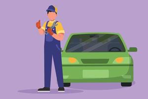 Character flat drawing male mechanic standing in front of car with thumbs up gesture and holding wrench to perform maintenance on vehicle engine or transportation. Cartoon design vector illustration