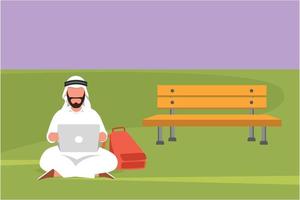 Cartoon flat style drawing Arabian businessman using laptop computer sitting on grass in the park. Relax male student typing computer keyboard and studying outdoor. Graphic design vector illustration