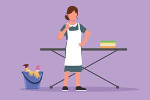 Cartoon flat style drawing maid in hotel standing in front of ironing board and clean equipment with thumbs up gesture. Female worker working with great hospitality. Graphic design vector illustration