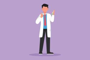 Character flat drawing male scientist standing with thumbs up gesture and holding measuring tube filled with chemical liquid. Researching about vaccine and pandemic. Cartoon design vector illustration