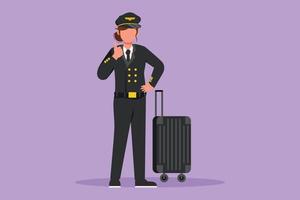 Character flat drawing of female pilot standing with thumbs up gesture with uniform, ready to riding or flying airplane for bringing passengers to their destination. Cartoon design vector illustration