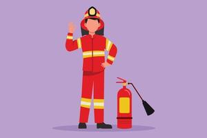 dibujo plano de personajes bomberos activos de pie con extintor de incendios con casco y uniforme con gesto bien. trabajando para extinguir el fuego en el edificio quemado. ilustración vectorial de diseño de dibujos animados vector