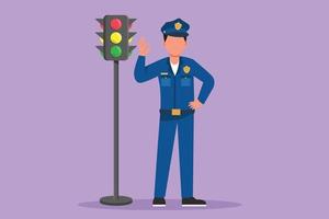 Cartoon flat style drawing of attractive policeman standing near traffic light in full uniform with gesture okay, working to control vehicle traffic on the highway. Graphic design vector illustration