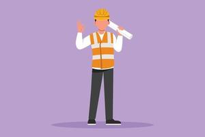 Graphic flat design drawing smart male architect standing holding roll of paper work with okay gesture and wearing helmet carrying blueprint for building's work plan. Cartoon style vector illustration