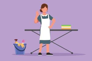 Character flat drawing beauty maid in hotel standing in front of ironing board and clean equipment with okay gesture. Female worker working with great hospitality. Cartoon design vector illustration