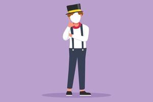 Graphic flat design drawing mime artist stands with call me gesture and white make up face makes audience laugh with silent comedy. Entertainment worker on working. Cartoon style vector illustration