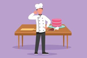 Graphic flat design drawing skilled chef standing with call me gesture and cooking uniform prepare ingredient to cook best dishes. Male chef with sweet cake on table. Cartoon style vector illustration