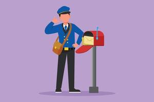 Cartoon flat style drawing active postman with call me gesture standing in hat, bag, uniform, holding an envelope. Working hard to delivering mail to home address. Graphic design vector illustration