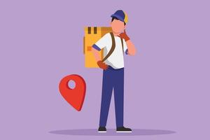 Character flat drawing attractive delivery man standing with call me gesture and pin map icon. Carrying package box that customer has ordered to be delivered safely. Cartoon design vector illustration