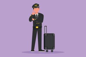 Graphic flat design drawing pilot standing with call me gesture and complete uniform, ready to riding or flying airplane for bringing passengers to their destination. Cartoon style vector illustration