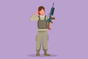 Cartoon flat style drawing beauty female soldiers or army standing with weapon, full uniform, and call me gesture serving country with strength of military forces. Graphic design vector illustration