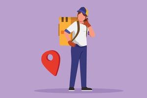 Cartoon flat style drawing cute delivery woman standing with call me gesture and pin map icon. Carrying package box that customer has ordered to be delivered safely. Graphic design vector illustration