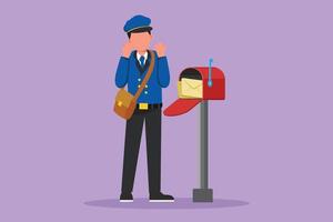 Character flat drawing of happy postman with celebrate gesture standing in hat, bag, uniform, holding an envelope. Working hard to delivering mail to home address. Cartoon design vector illustration