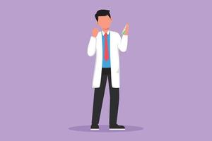 Cartoon flat style drawing male scientist standing with celebrate gesture and holding measuring tube filled with chemical liquid. Researching vaccine and pandemic. Graphic design vector illustration