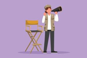 Character flat drawing woman film director stands and holding megaphone with celebrate gesture while prepare camera crew for shooting action film. Creative industry. Cartoon design vector illustration