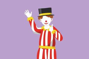 Graphic flat design drawing male clown hand say hi and the other hand with thumbs up gesture. Wearing hat and smiling face makeup. Entertain kids at birthday party. Cartoon style vector illustration