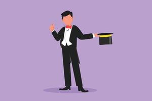 Graphic flat design drawing male magician standing in suit with thumbs up gesture and holding his hat magic and wand performing tricks at circus show entertainment. Cartoon style vector illustration