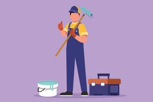 Graphic flat design drawing handyman standing holding long roll paintbrush with thumbs up gesture and toolbox. Ready to home service, housing renovation decoration. Cartoon style vector illustration