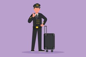 Character flat drawing pilot standing with thumbs up gesture and complete uniform, ready to riding or flying airplane for bringing passengers to their destination. Cartoon design vector illustration