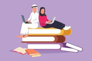 Graphic flat design drawing Arab couple with laptop computer sitting on pile of book together. Freelance, distance learning, online courses. Man and woman studying. Cartoon style vector illustration