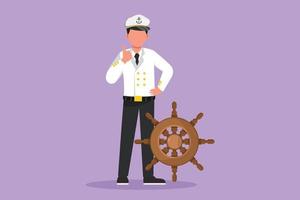 Cartoon flat style drawing of sailor man standing with thumbs up gesture to be part of cruise ship, carrying passengers traveling across seas. Male sailor on duty. Graphic design vector illustration