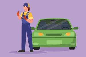 Cartoon flat style drawing female mechanic standing in front of car with thumb up gesture, holding wrench to perform maintenance on vehicle engine or transportation. Graphic design vector illustration