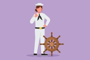 Character flat drawing of sailor woman standing with thumbs up gesture to be part of cruise ship, carrying passengers traveling across ocean. Female sailor on duty. Cartoon design vector illustration