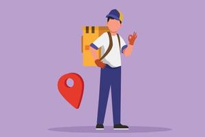 Cartoon flat style drawing of active delivery man standing with okay gesture and pin map icon. Carrying package box that customer has ordered to be delivered safely. Graphic design vector illustration