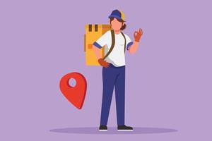 Cartoon flat style drawing delivery woman standing with okay gesture and pin map symbol. Carrying package box that the customer has ordered to be delivered safely. Graphic design vector illustration