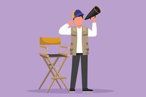 Character flat drawing male film director stands and holding megaphone with call me gesture while prepare camera crew for shooting comedy series. Creative industry. Cartoon design vector illustration