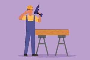 Graphic flat design drawing carpenter standing with drill and call me gesture, working for wood industry, must be skilled at using carpentry tools. House renovation. Cartoon style vector illustration