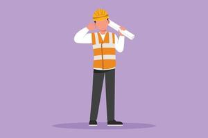 Character flat drawing smart male architect standing holding roll of paper work with call me gesture and wearing helmet carrying blueprint for building's work plan. Cartoon design vector illustration