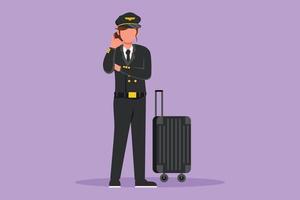 Character flat drawing beauty female pilot standing in uniform with call me gesture, ready to riding or flying airplane for bringing passengers to their destination. Cartoon design vector illustration