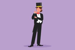 Character flat drawing beautiful female magician standing in suit with call me gesture and performing tricks with stick or magic wand at circus show entertainment. Cartoon design vector illustration