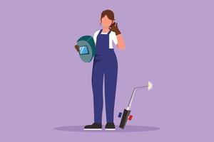 Cartoon flat style drawing female welder standing with call me gesture and holding face shield ready to work in iron workshop. Manufacturing worker with metalwork. Graphic design vector illustration