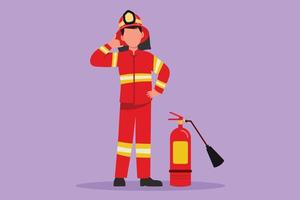 Cartoon flat style drawing firefighters standing with fire extinguisher wearing helmet and uniform with call me gesture. Working to extinguish fire in burn building. Graphic design vector illustration