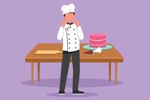 Cartoon flat style drawing happy chef standing with celebrate gesture and cooking uniform prepare ingredient to cook best dishes. Male chef with sweet cake on table. Graphic design vector illustration