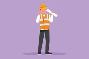 Graphic flat design drawing smart architect standing holding roll of paper work with celebrate gesture and wearing helmet carrying blueprint for building's work plan. Cartoon style vector illustration