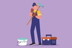 Character flat drawing handyman standing and holding long roll paintbrush with celebrate gesture and toolbox. Ready to home service, housing renovation decoration. Cartoon design vector illustration