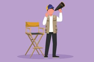 Graphic flat design drawing film director stands and holding megaphone with celebrate gesture while prepare camera crew for shooting action film. Creative industry. Cartoon style vector illustration