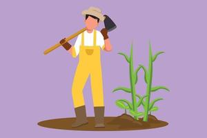 Cartoon flat style drawing farmer standing with celebrate gesture, wearing straw hat, carrying shovel to plant crop or harvest farmland. Rural agricultural worker. Graphic design vector illustration