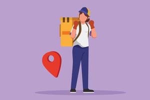 Cartoon flat style drawing happy deliverywoman standing with celebrate gesture and pin map icon. Carrying package box that customer ordered to be delivered safely. Graphic design vector illustration